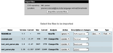 Select files to import from repository